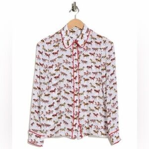 NWT- Alice + Olivia Women's Blue Willa Placket Silk Top Size S